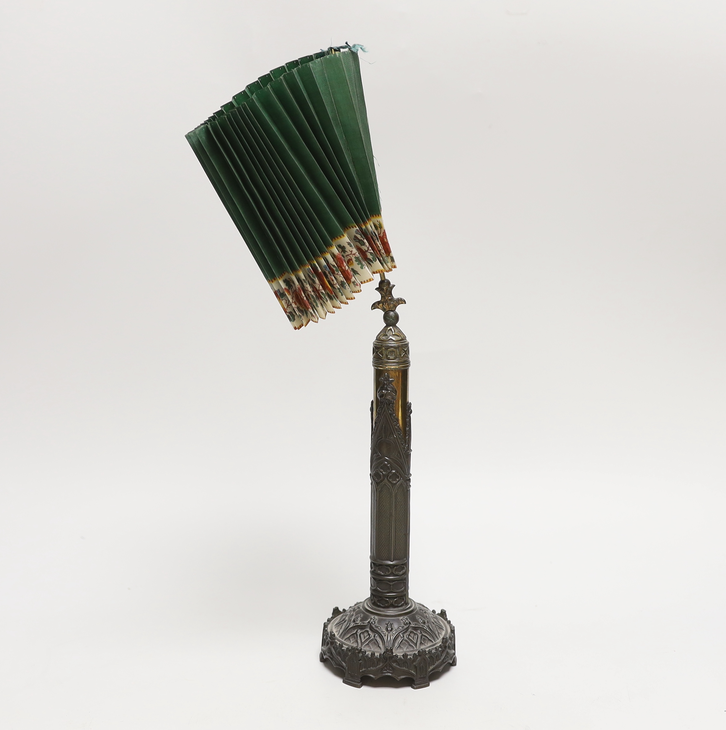 An early Victorian Day's Patent folding face screen with gothic design bronze base, silk leaf, 37cm (a.f.)